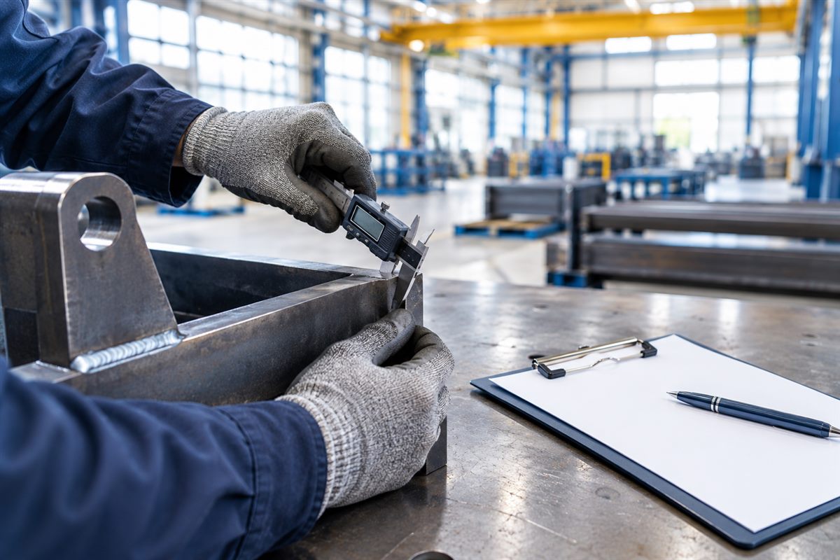 Inspector measuring a welded steel part with a digital caliper, inspection clipboard on the bench