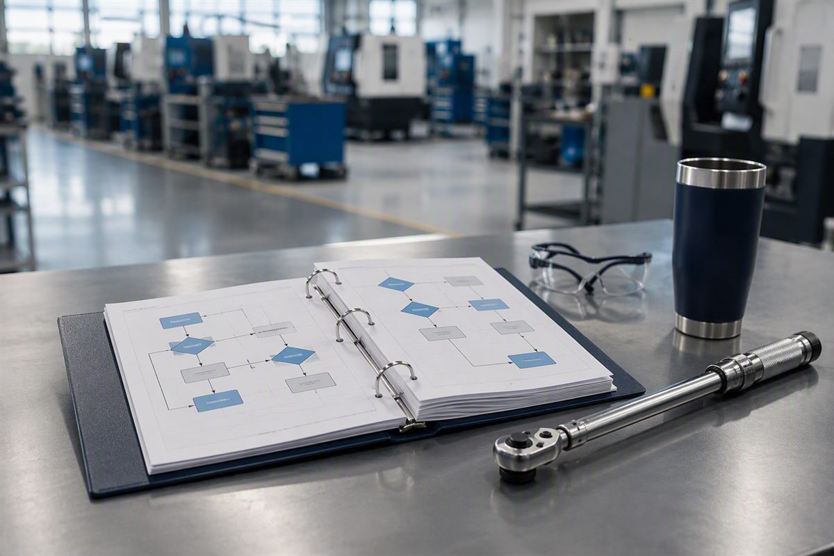 Binder of process flowcharts on a workbench beside a torque wrench, machine shop in the background